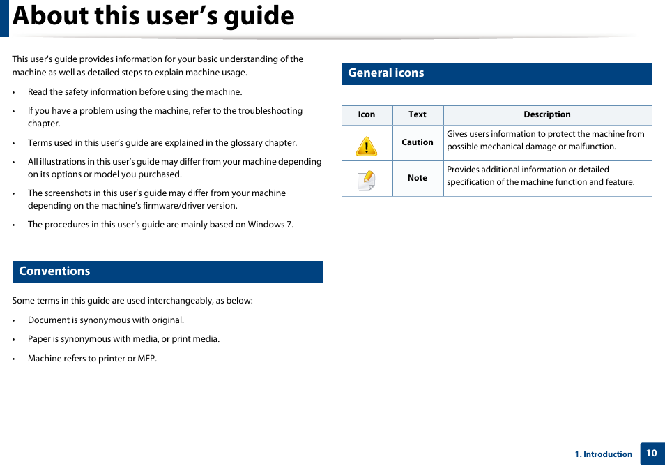 About this user’s guide, Conventions, General icons | Samsung CLP-415NW-XAA User Manual | Page 10 / 270