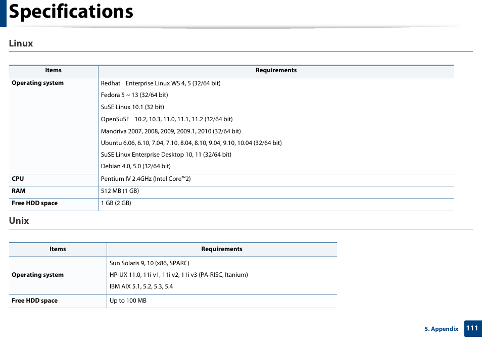 Specifications, Linux, Unix | Samsung CLP-415NW-XAA User Manual | Page 110 / 270