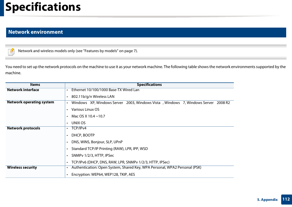 Specifications, Network environment | Samsung CLP-415NW-XAA User Manual | Page 111 / 270