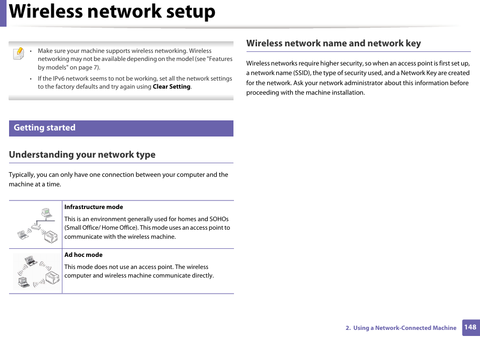 Wireless network setup, Understanding your network type, Wireless network name and network key | Getting started | Samsung CLP-415NW-XAA User Manual | Page 147 / 270