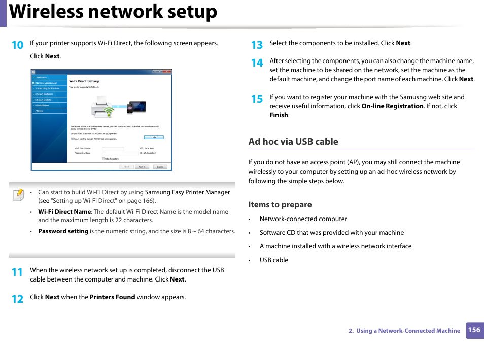 Wireless network setup, Ad hoc via usb cable | Samsung CLP-415NW-XAA User Manual | Page 155 / 270