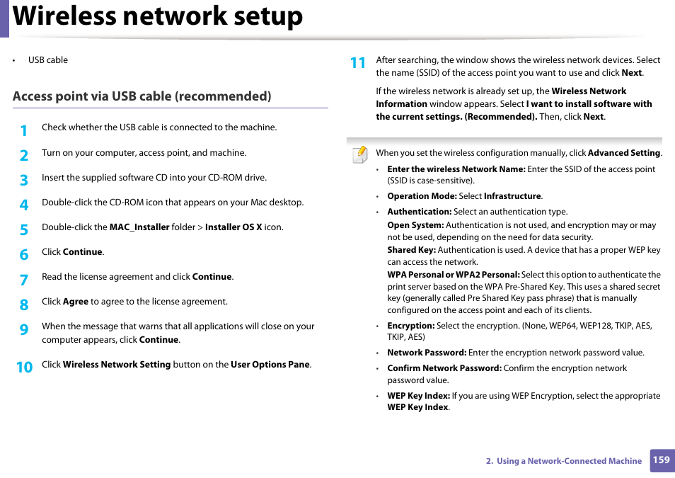 Wireless network setup, Access point via usb cable (recommended) | Samsung CLP-415NW-XAA User Manual | Page 158 / 270