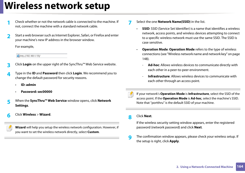 Wireless network setup | Samsung CLP-415NW-XAA User Manual | Page 163 / 270