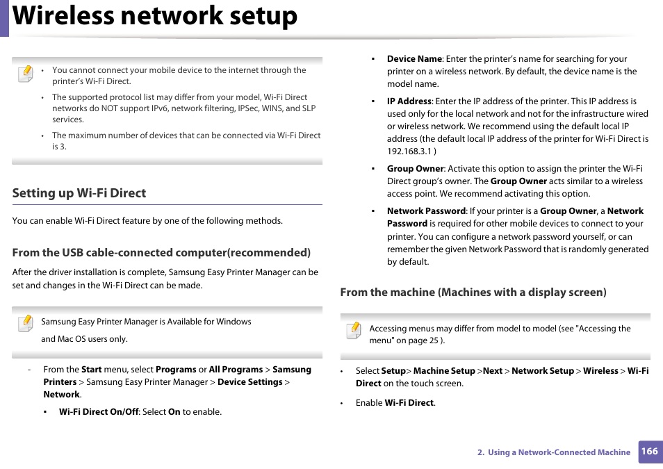 Wireless network setup, Setting up wi-fi direct | Samsung CLP-415NW-XAA User Manual | Page 165 / 270