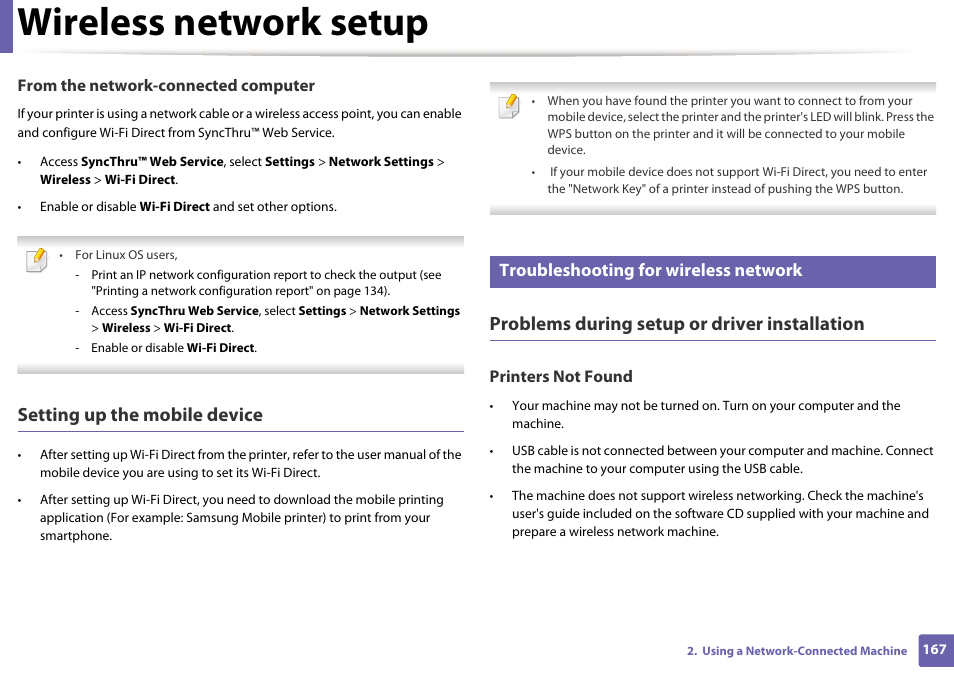 Wireless network setup, Setting up the mobile device, Problems during setup or driver installation | Troubleshooting for wireless network | Samsung CLP-415NW-XAA User Manual | Page 166 / 270