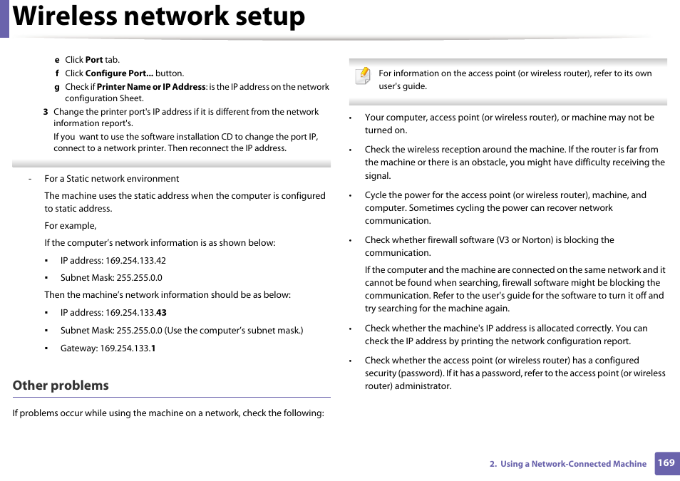 Wireless network setup, Other problems | Samsung CLP-415NW-XAA User Manual | Page 168 / 270