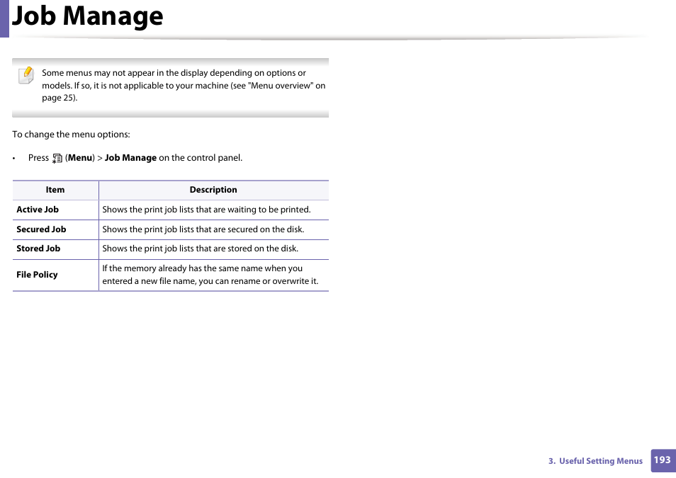 Job manage | Samsung CLP-415NW-XAA User Manual | Page 192 / 270