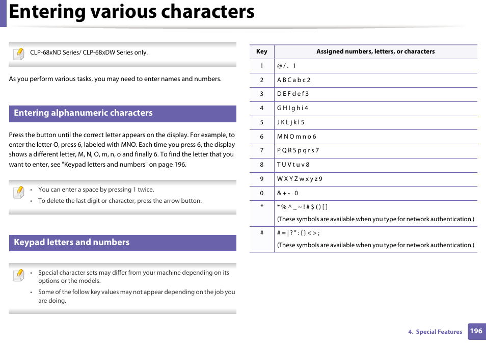 Entering various characters, Entering alphanumeric characters, Keypad letters and numbers | Samsung CLP-415NW-XAA User Manual | Page 195 / 270