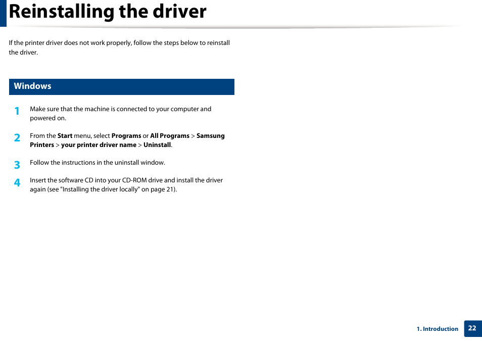Reinstalling the driver | Samsung CLP-415NW-XAA User Manual | Page 22 / 270
