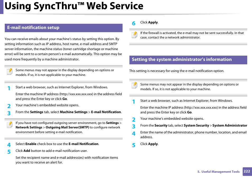 Using syncthru™ web service, E-mail notification setup, Setting the system administrator’s information | Samsung CLP-415NW-XAA User Manual | Page 221 / 270