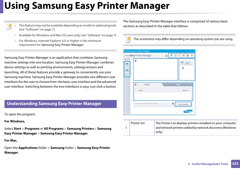 Using samsung easy printer manager, Understanding samsung easy printer manager | Samsung CLP-415NW-XAA User Manual | Page 222 / 270