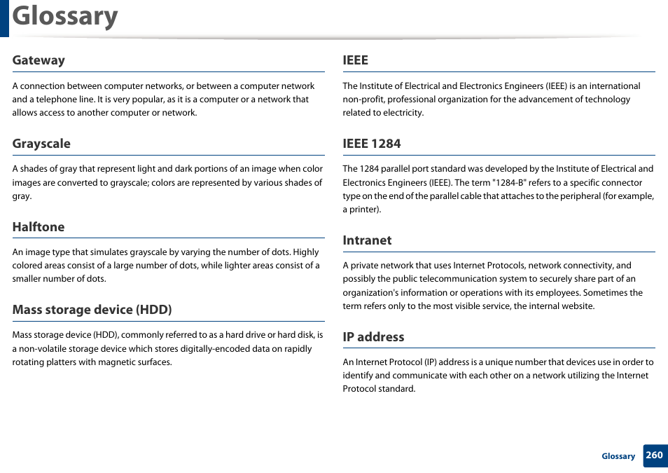 Glossary, Gateway, Grayscale | Halftone, Mass storage device (hdd), Ieee, Ieee 1284, Intranet, Ip address | Samsung CLP-415NW-XAA User Manual | Page 259 / 270