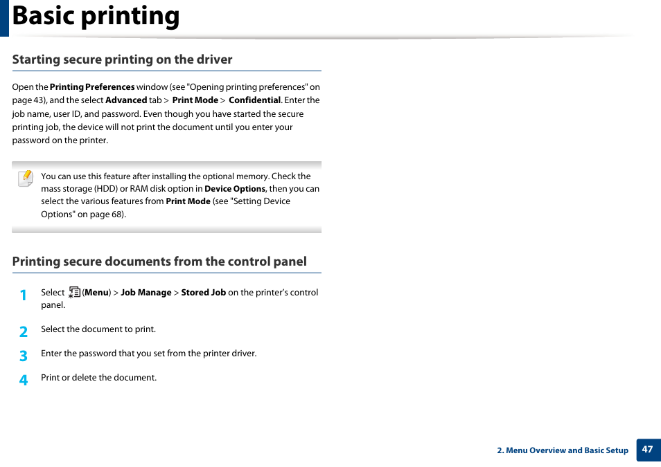 Basic printing, Starting secure printing on the driver, Printing secure documents from the control panel | Samsung CLP-415NW-XAA User Manual | Page 46 / 270