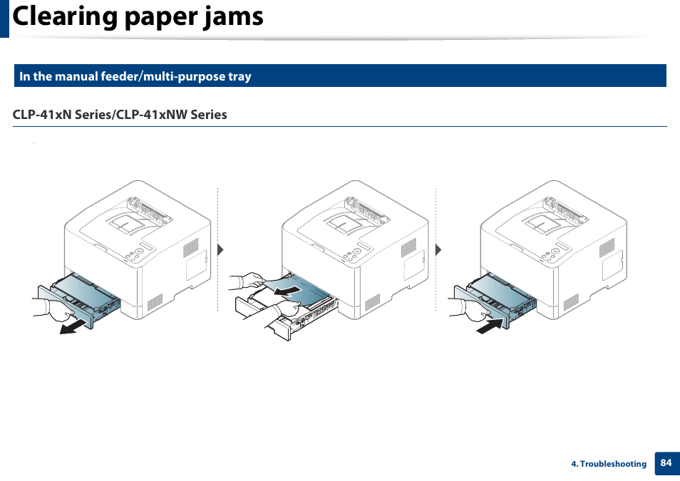 Clearing paper jams | Samsung CLP-415NW-XAA User Manual | Page 83 / 270