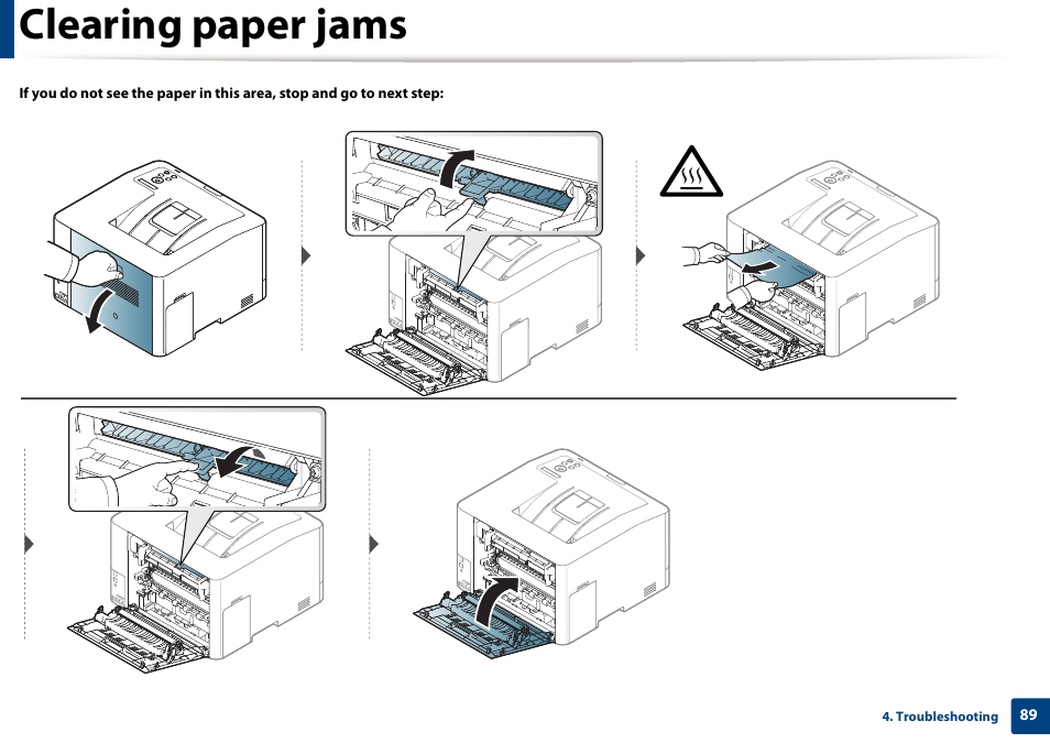 Clearing paper jams | Samsung CLP-415NW-XAA User Manual | Page 88 / 270