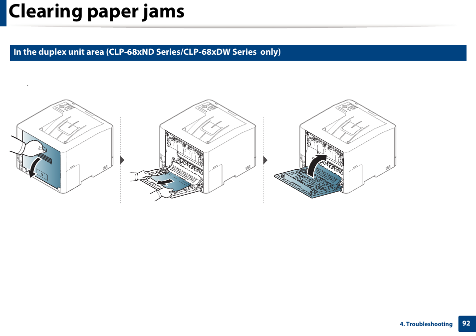 Clearing paper jams | Samsung CLP-415NW-XAA User Manual | Page 91 / 270