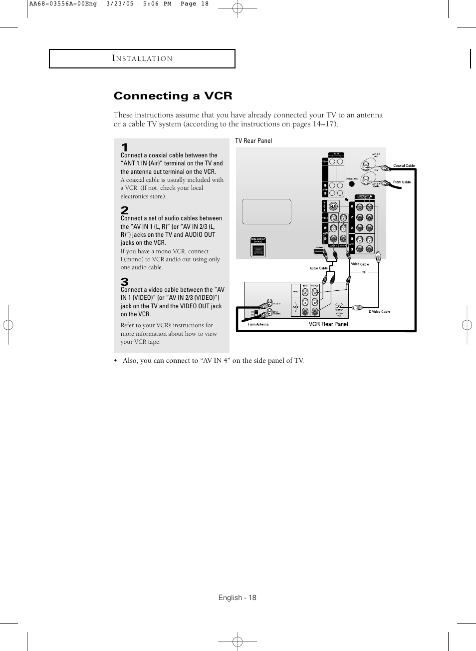 Connecting a vcr | Samsung TXR3079WHNXXAA User Manual | Page 18 / 80