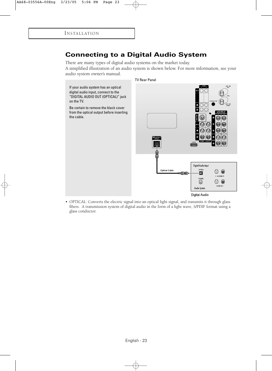 Connecting to a digital audio system | Samsung TXR3079WHNXXAA User Manual | Page 23 / 80