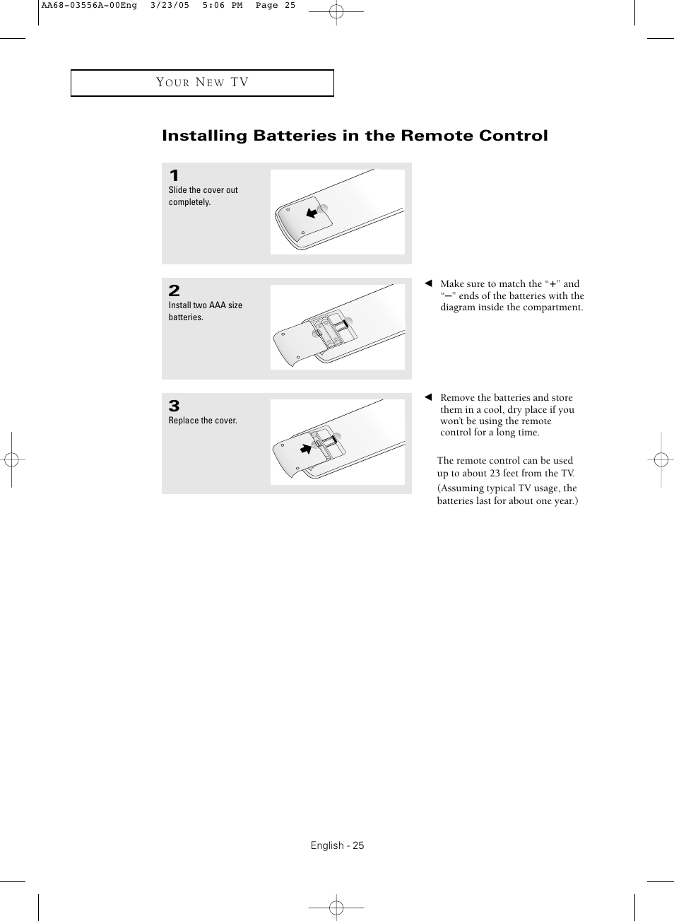 Installing batteries in the remote control | Samsung TXR3079WHNXXAA User Manual | Page 25 / 80