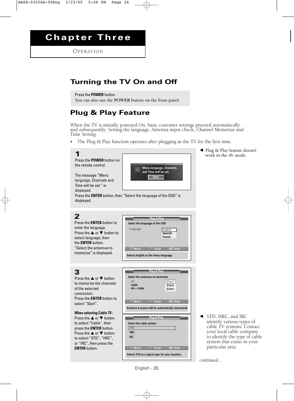 Chapter 3: operation, Turning the tv on and off, Plug & play feature | Samsung TXR3079WHNXXAA User Manual | Page 26 / 80