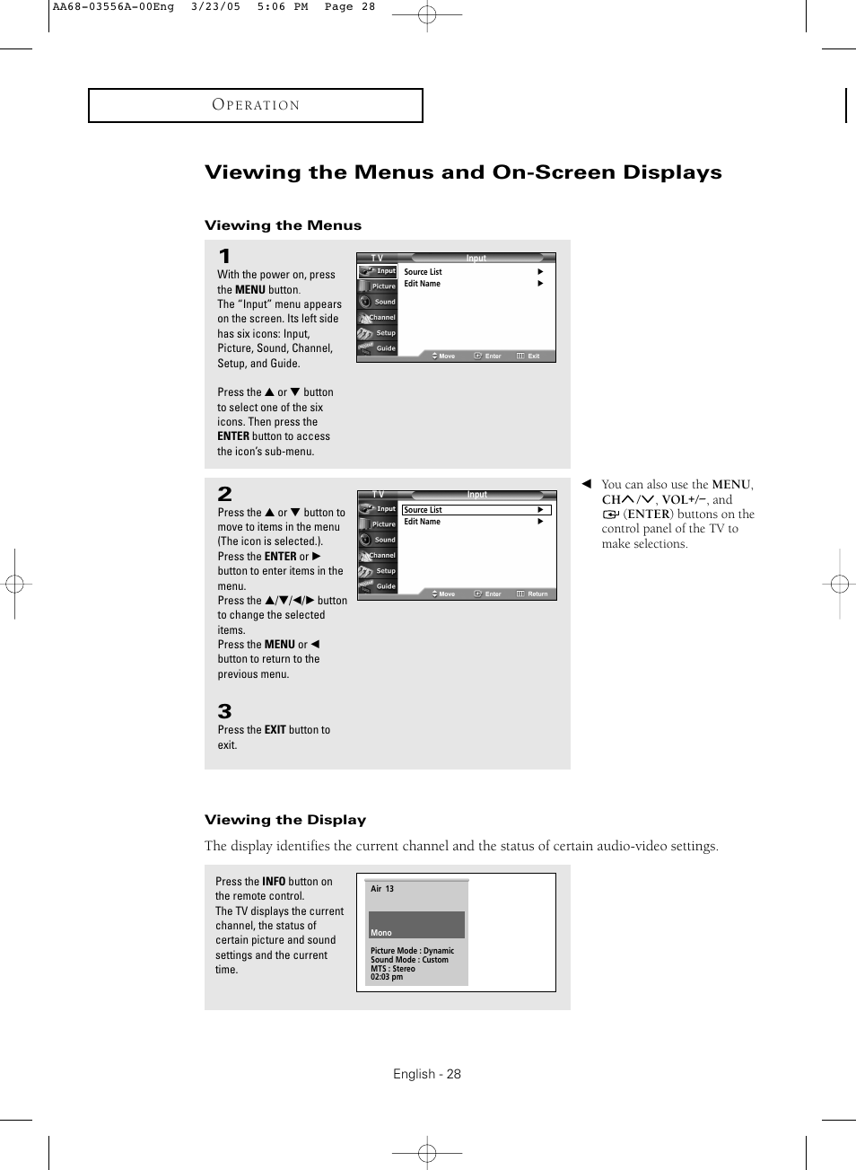 Viewing the menus and on-screen displays, Viewing the menus, Viewing the display | Samsung TXR3079WHNXXAA User Manual | Page 28 / 80