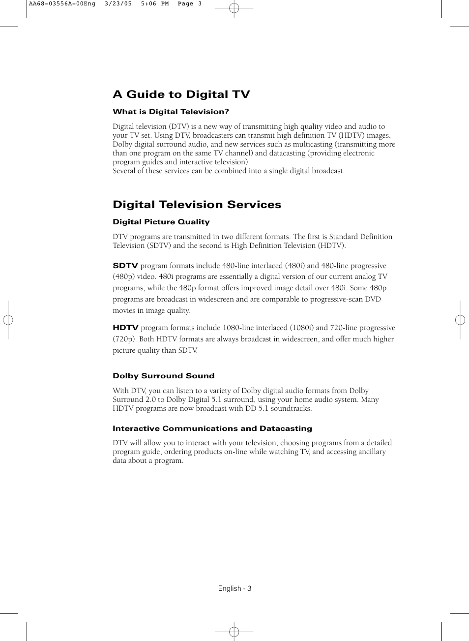 A guide to digital tv, Digital television services | Samsung TXR3079WHNXXAA User Manual | Page 3 / 80