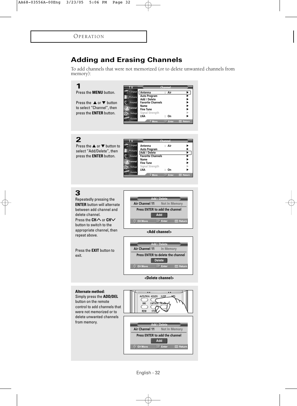 Adding and erasing channels | Samsung TXR3079WHNXXAA User Manual | Page 32 / 80