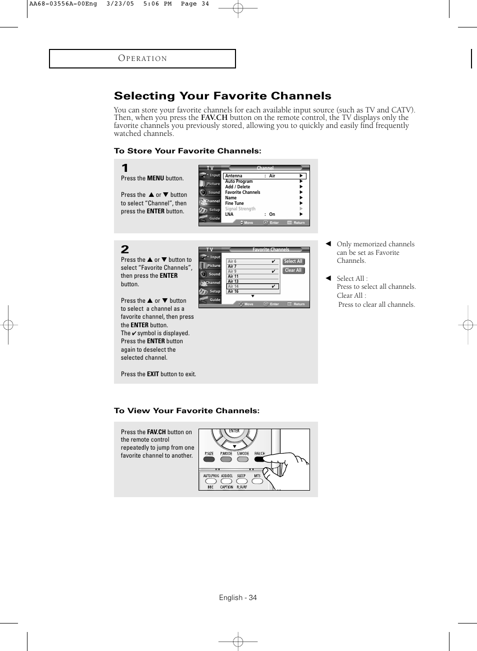 Selecting your favorite channels, To store your favorite channels, To view your favorite channels | Samsung TXR3079WHNXXAA User Manual | Page 34 / 80