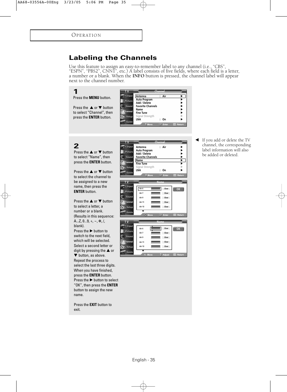 Labeling the channels | Samsung TXR3079WHNXXAA User Manual | Page 35 / 80