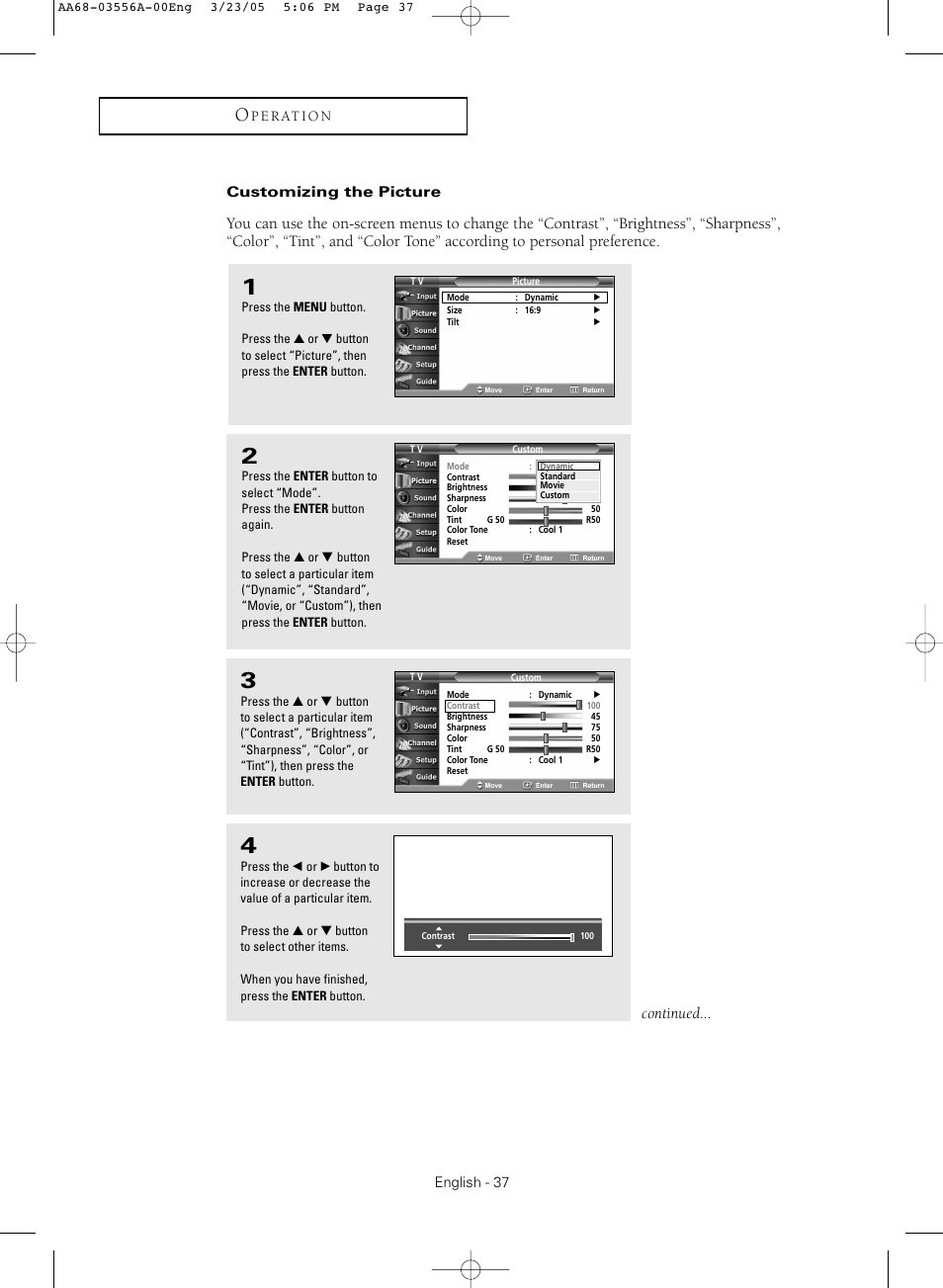 Customizing the picture, Continued | Samsung TXR3079WHNXXAA User Manual | Page 37 / 80