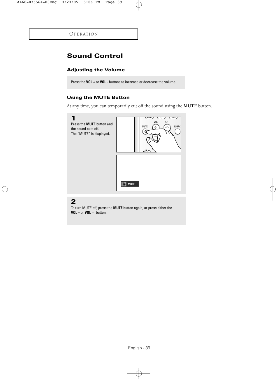 Sound control, Adjusting the volume, Using the mute button | Samsung TXR3079WHNXXAA User Manual | Page 39 / 80