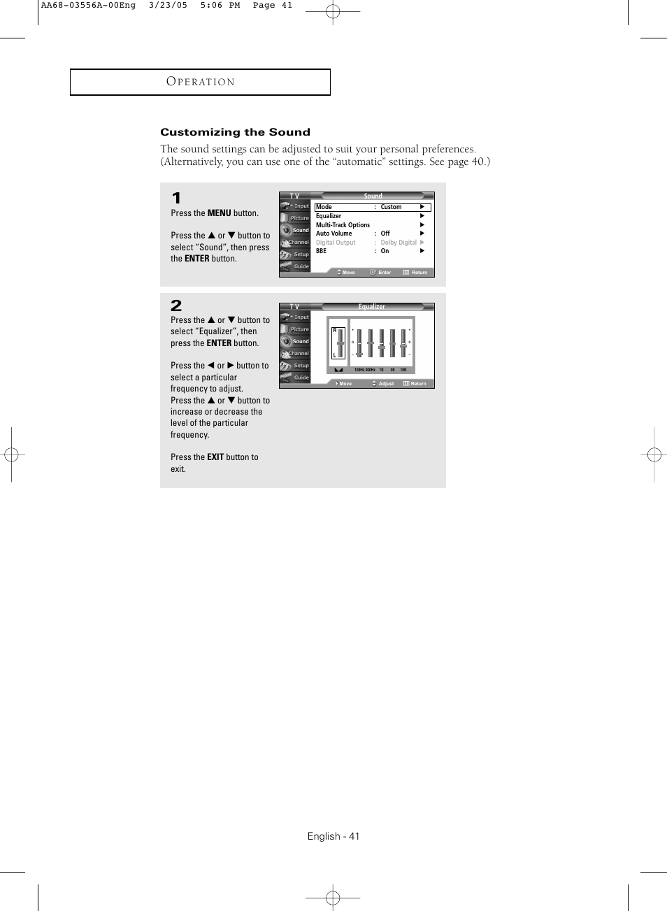 Customizing the sound | Samsung TXR3079WHNXXAA User Manual | Page 41 / 80