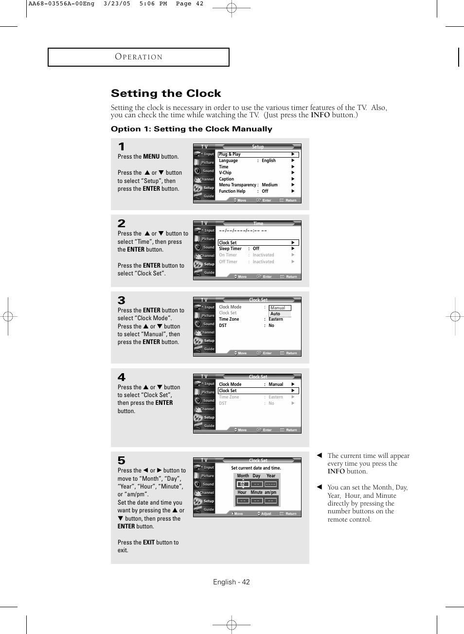 Setting the clock, Option 1: setting the clock manually | Samsung TXR3079WHNXXAA User Manual | Page 42 / 80