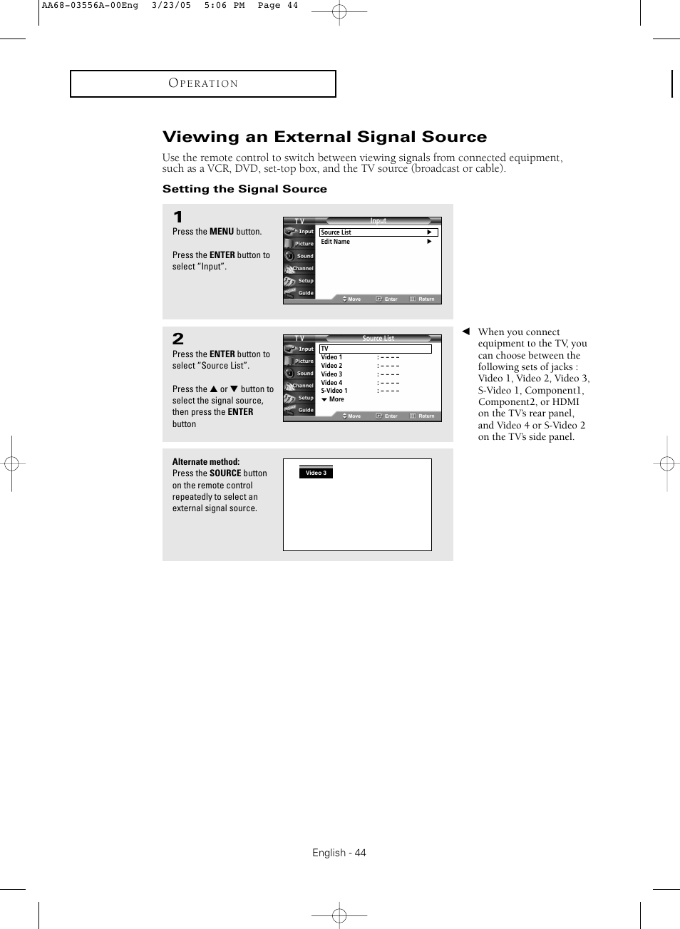 Viewing an external signal source, Setting the signal source | Samsung TXR3079WHNXXAA User Manual | Page 44 / 80