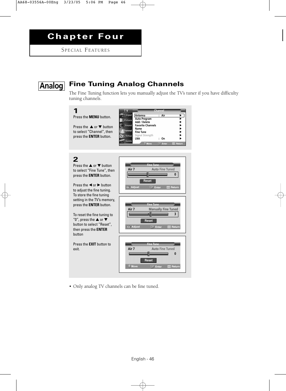 Chapter 4: special features, Fine tuning analog channels, Analog | Samsung TXR3079WHNXXAA User Manual | Page 46 / 80