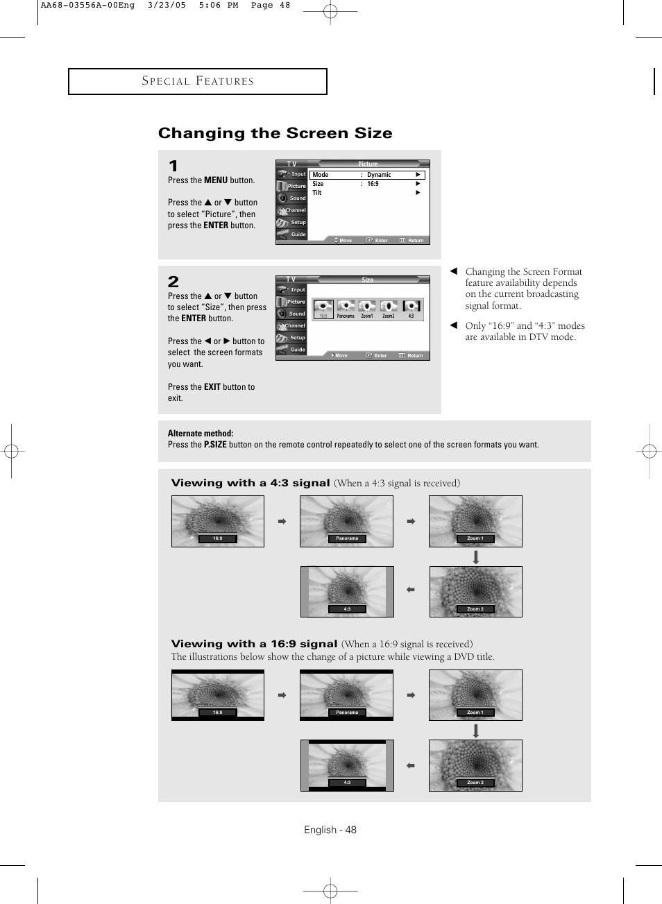 Changing the screen size | Samsung TXR3079WHNXXAA User Manual | Page 48 / 80