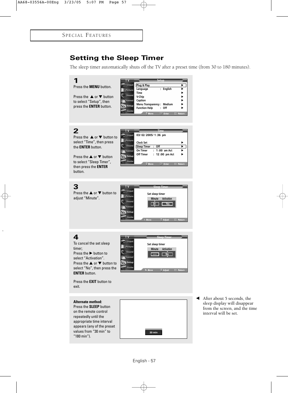 Setting the sleep timer | Samsung TXR3079WHNXXAA User Manual | Page 57 / 80