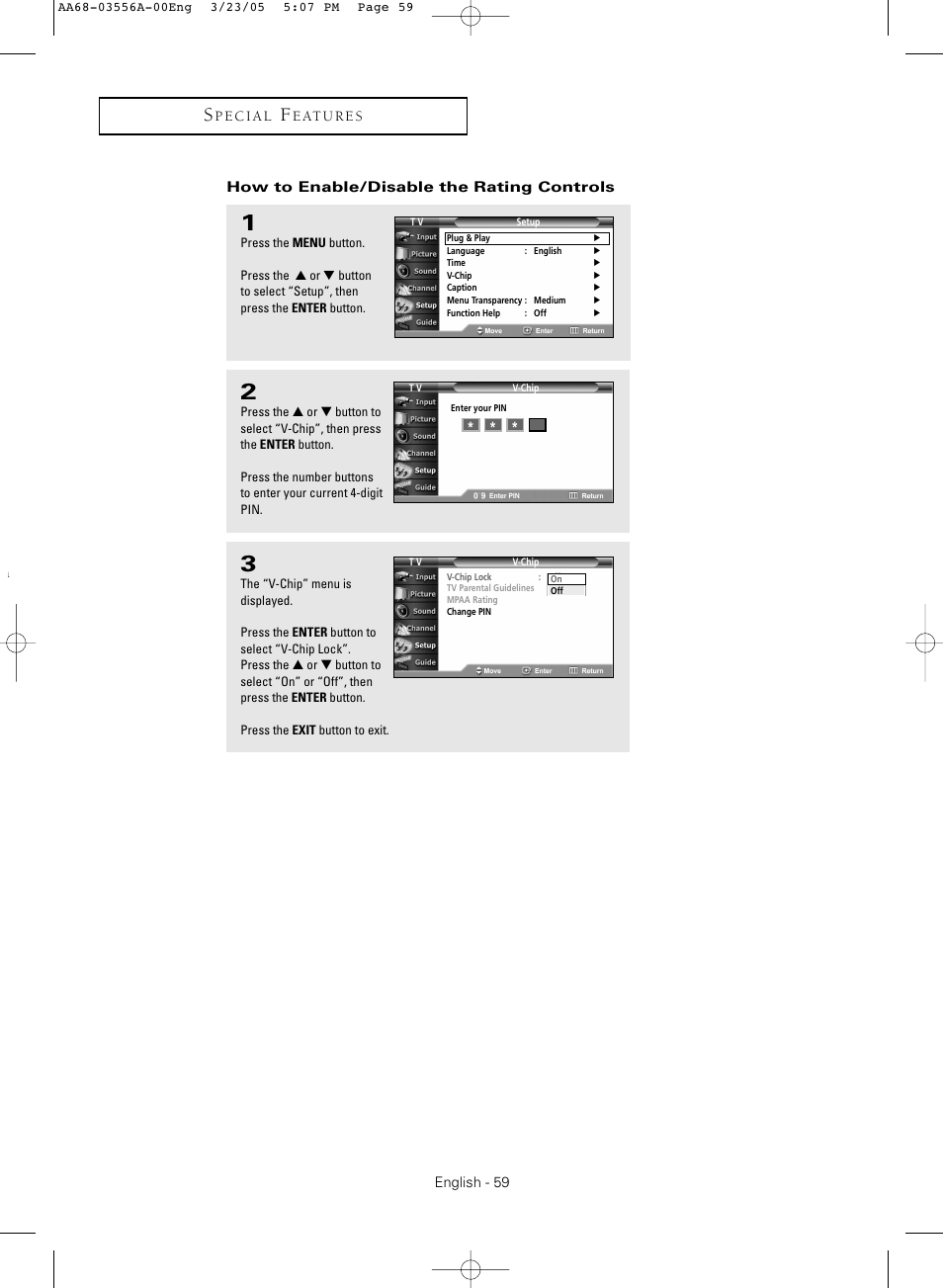 How to enable/disable the rating controls | Samsung TXR3079WHNXXAA User Manual | Page 59 / 80