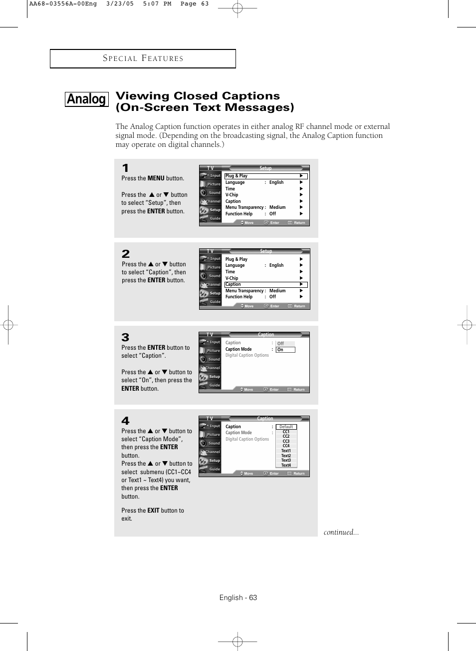 Viewing closed captions (on-screen text messages), Analog, Continued | Samsung TXR3079WHNXXAA User Manual | Page 63 / 80