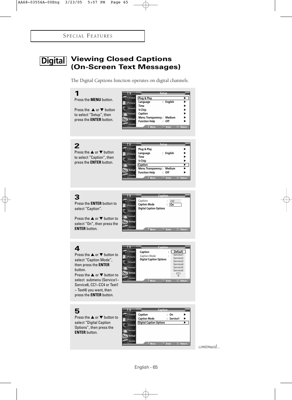 Viewing closed captions (on-screen text messages), Digital, Continued | Samsung TXR3079WHNXXAA User Manual | Page 65 / 80