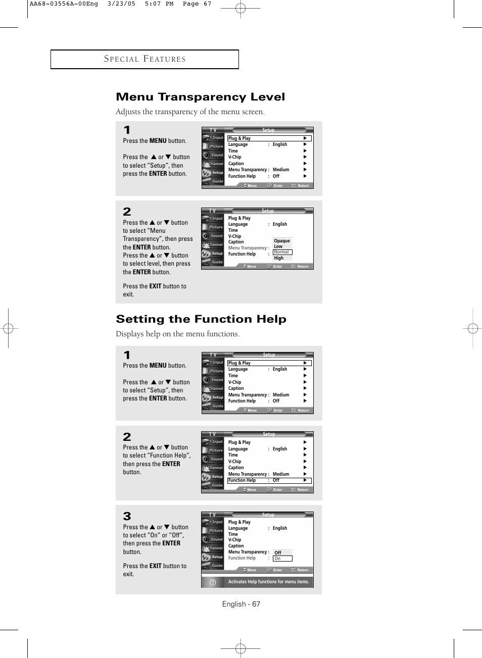 Menu transparency level, Setting the function help, Adjusts the transparency of the menu screen | Displays help on the menu functions | Samsung TXR3079WHNXXAA User Manual | Page 67 / 80