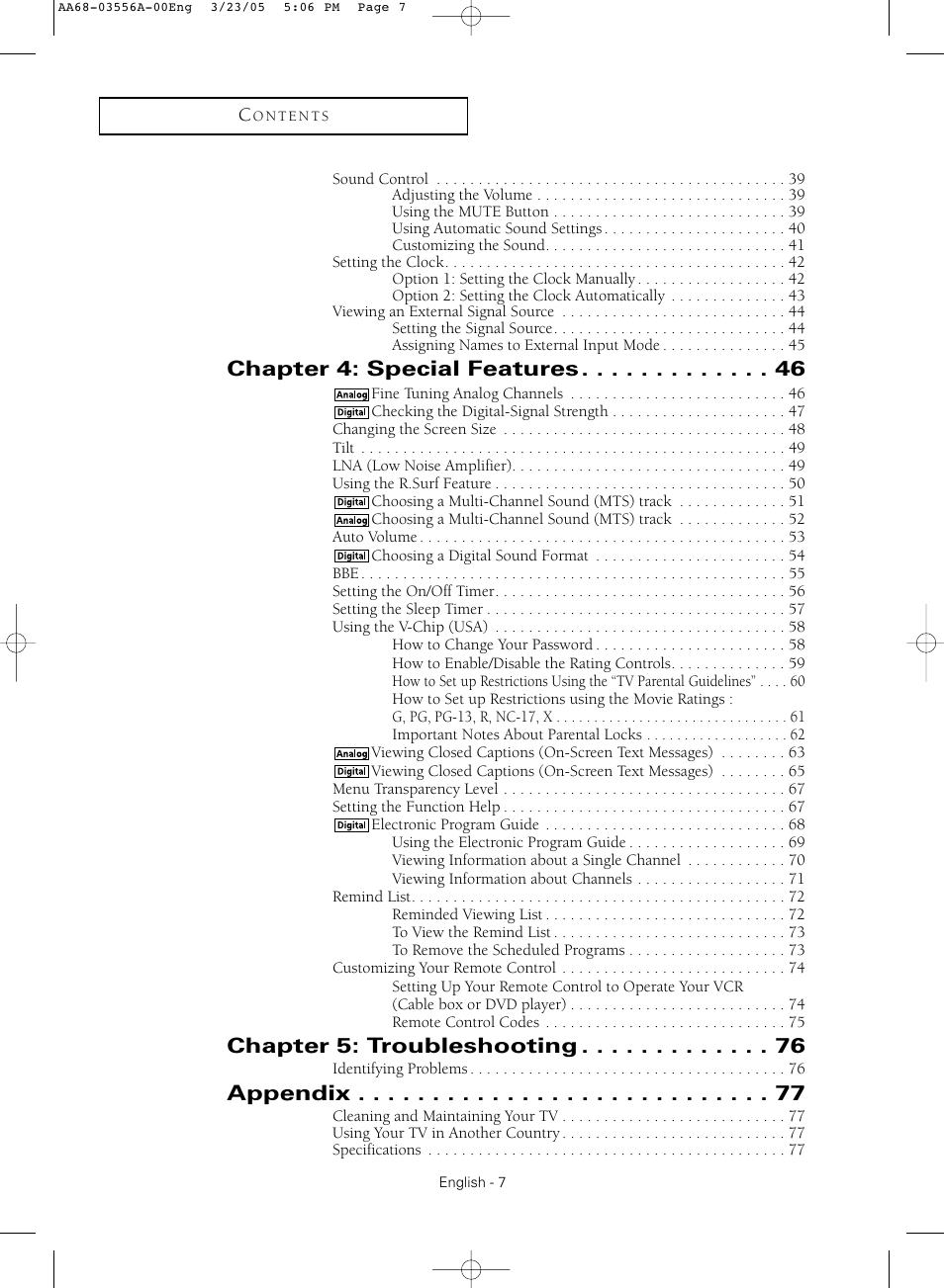 Chapter 4: special features, Chapter 5: troubleshooting, Appendix | Samsung TXR3079WHNXXAA User Manual | Page 7 / 80