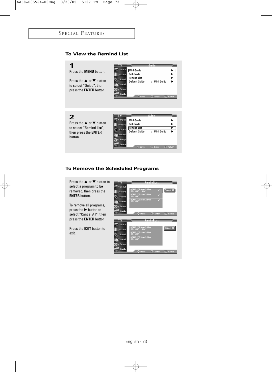 To view the remind list, To remove the scheduled programs | Samsung TXR3079WHNXXAA User Manual | Page 73 / 80