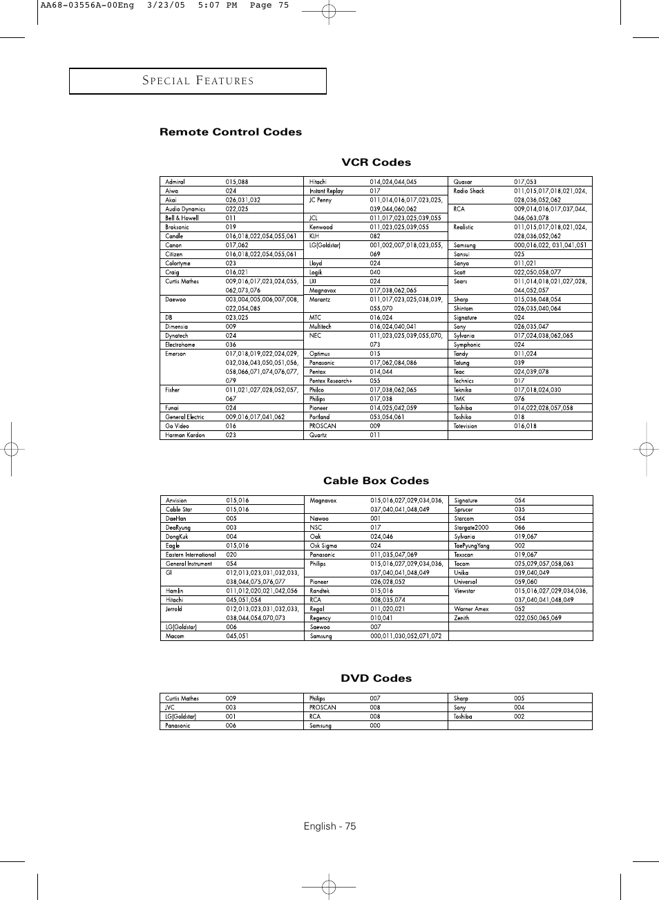 Remote control codes | Samsung TXR3079WHNXXAA User Manual | Page 75 / 80