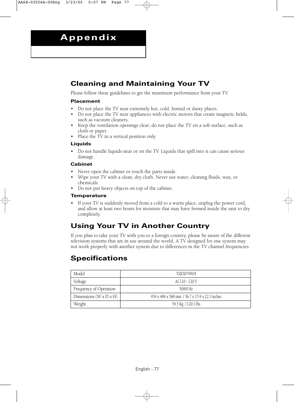 Appendix, Cleaning and maintaining your tv, Using your tv in another country | Specifications | Samsung TXR3079WHNXXAA User Manual | Page 77 / 80