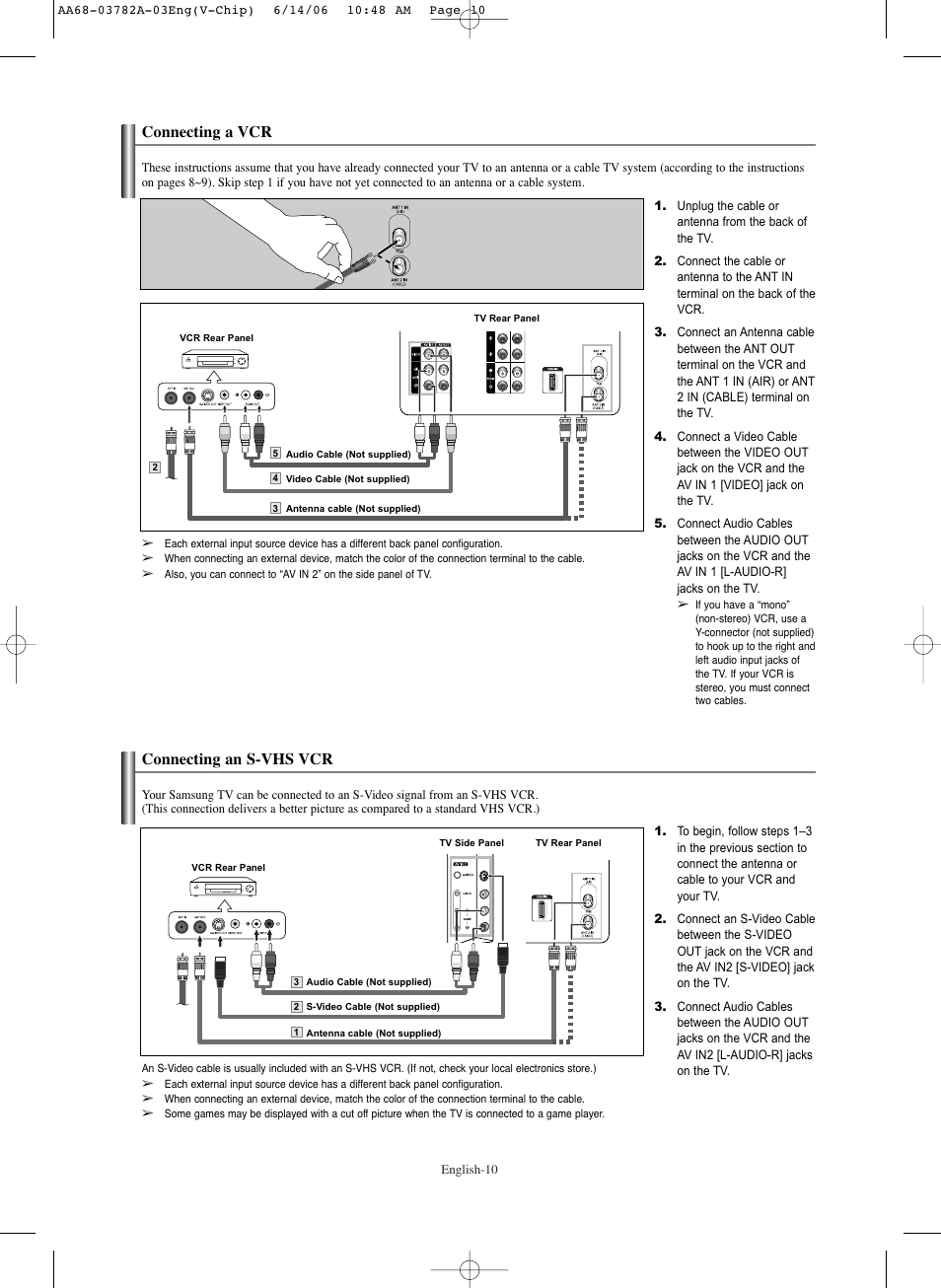 Connecting a vcr, Connecting an s-vhs vcr | Samsung TXR3079WHKXXAC User Manual | Page 10 / 52
