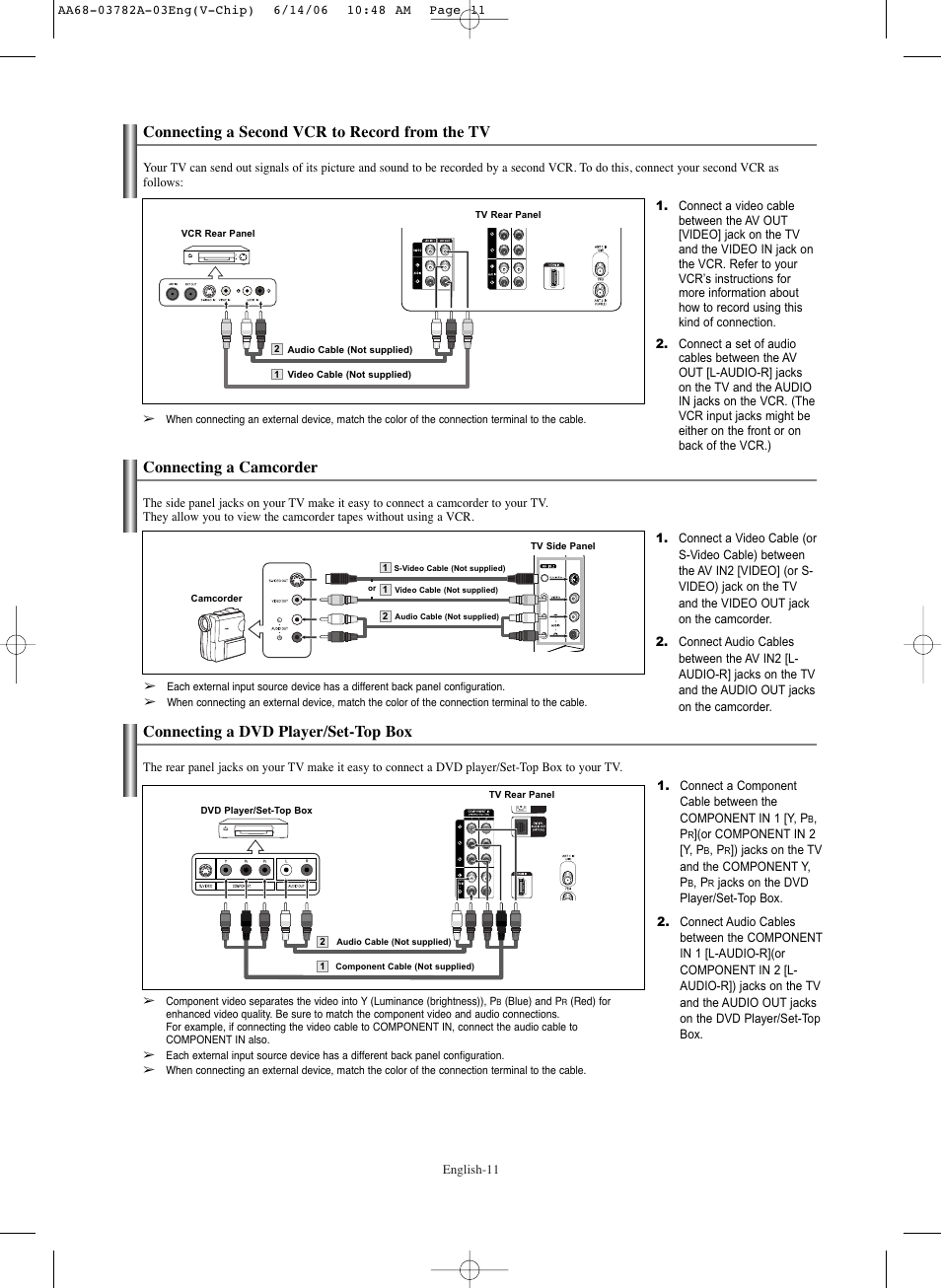 Connecting a second vcr to record from the tv, Connecting a camcorder, Connecting a dvd player/set-top box | Samsung TXR3079WHKXXAC User Manual | Page 11 / 52