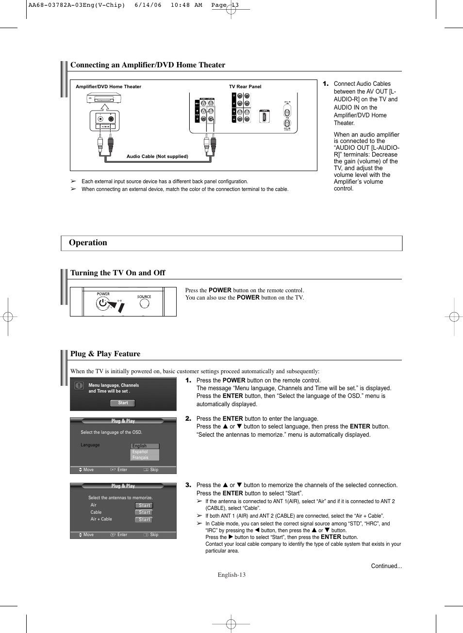 Connecting an amplifier/dvd home theater, Operation, Turning the tv on and off | Plug & play feature | Samsung TXR3079WHKXXAC User Manual | Page 13 / 52