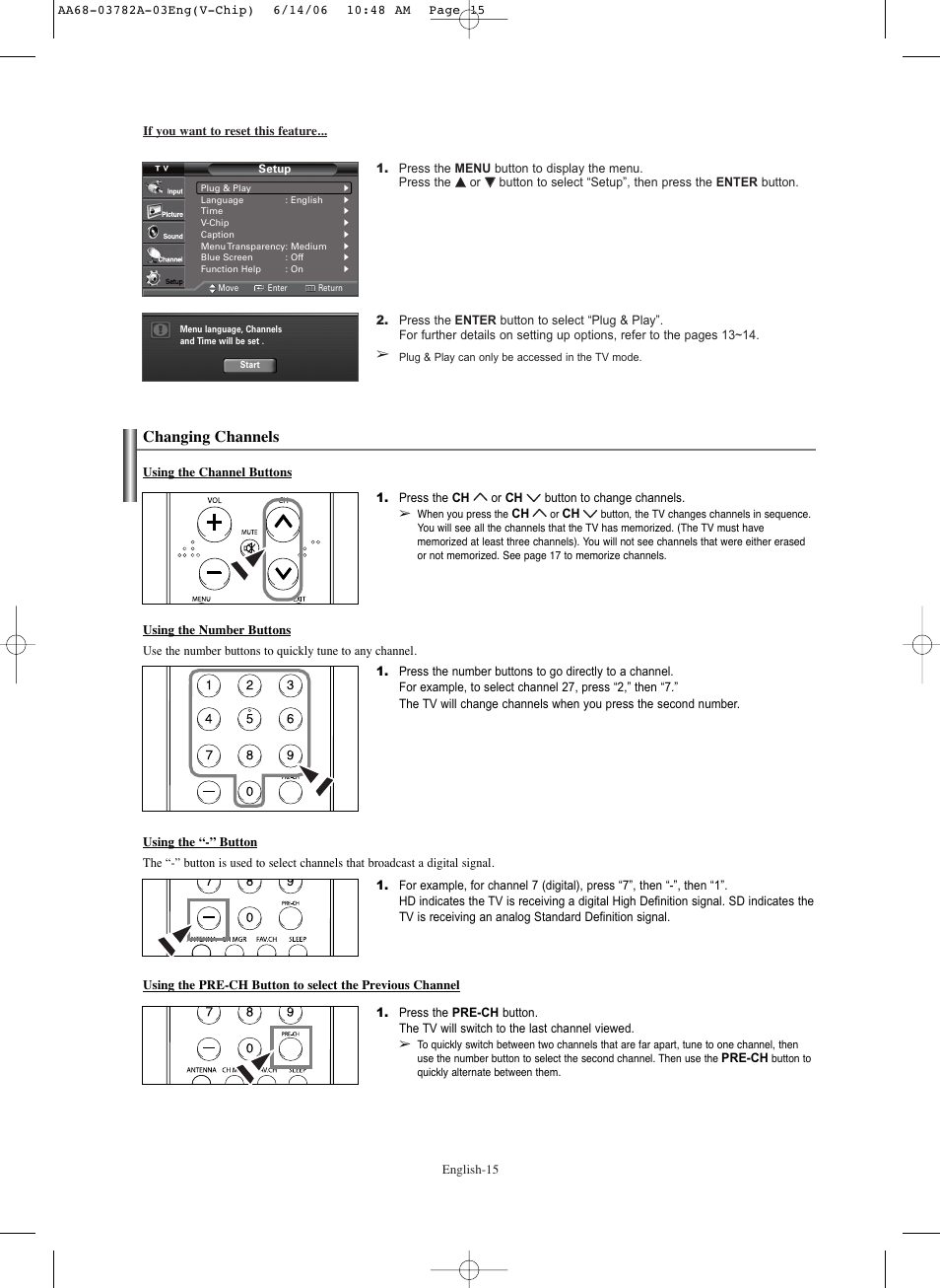 Changing channels | Samsung TXR3079WHKXXAC User Manual | Page 15 / 52