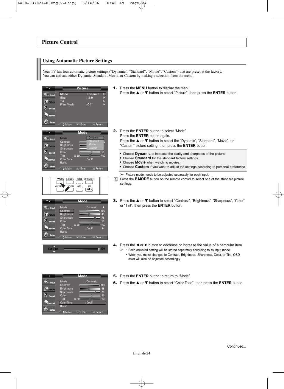 Picture control, Using automatic picture settings | Samsung TXR3079WHKXXAC User Manual | Page 24 / 52